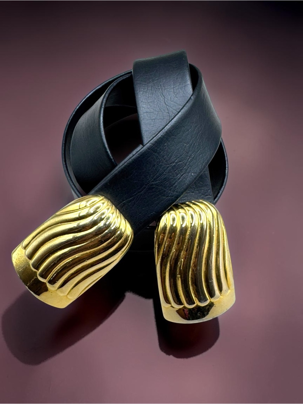 Vintage Black Leather Statement Belt Oversized Gold Tone Sculptural Clasp 34”